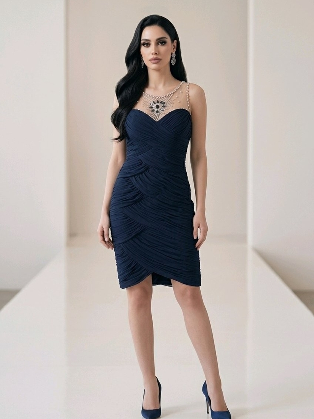 Navy Ruched Sheath Dress with Embellished Illusion Neckline